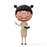 Happy thai teacher wearing civil servant uniform holding a white chalk and a book, 3d rendering png