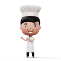 feliz criança chefe de cozinha vestindo chefe de cozinha uniforme apontando dedo, 3d Renderização png