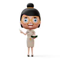 Happy thai teacher wearing civil servant uniform holding a white chalk and a book, 3d rendering png