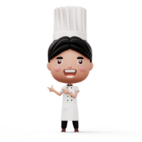 feliz criança chefe de cozinha vestindo chefe de cozinha uniforme apontando dedo, 3d Renderização png