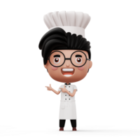 Happy kid chef wearing chef uniform pointing finger, 3d rendering png