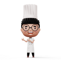 Happy kid chef wearing chef uniform pointing finger, 3d rendering png