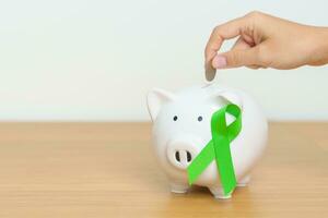 Mental Health, Liver, Gallbladders, bile duct, Cancer and Lymphoma Awareness month, green Ribbon with Piggy Bank for support illness life. Donation, Charity, Campaign, Money Saving, Fund photo