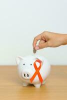 Leukemia, Kidney cancer day, world Multiple Sclerosis, CRPS, Self Injury Awareness month, Orange Ribbon with Piggy Bank for support illness life. Health, Donation, Charity, Campaign, Money Saving photo