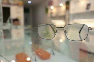 Closeup of eyeglass in optical store, glasses on the glass in clinic photo