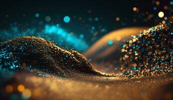 Gold Glitter Defocused Abstract Twinkly Lights Background Gold Sparkles Bokeh Cloud of Particles AI Generative photo