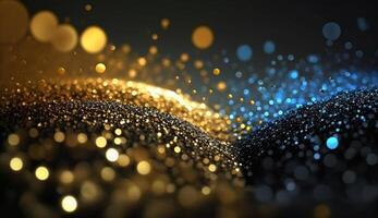 Gold Glitter Defocused Abstract Twinkly Lights Background Gold Sparkles Bokeh Cloud of Particles photo