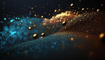 Gold Glitter Defocused Abstract Twinkly Lights Background Gold Sparkles Bokeh Cloud of Particles photo