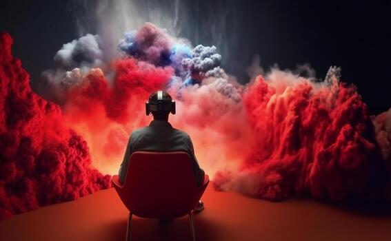 Happy young man using headset to play virtual reality game on sofa, game, future technology concept. . photo