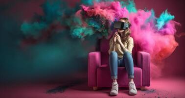 Beautiful happy young woman using virtual reality  VR headset in virtual reality glasses, game, future technology concept. AI Generative. photo