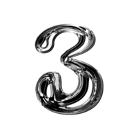 Three number alphabet with y2k liquid metallic chrome effect png