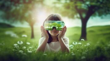 Children wearing vr glasses sleep, dream, bright thoughts, Metaverse, technology futuristic concept, green earth background. Generative AI. photo