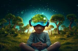 niños vistiendo vr lentes dormir, sueño, brillante pensamientos, metaverso, tecnología futurista concepto, verde tierra antecedentes. generativo ai. foto