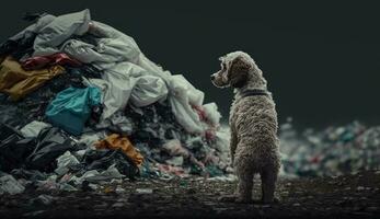 A dog in stands near a pile of plastic. Generative AI. photo