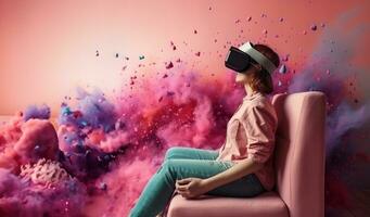 Beautiful happy young woman using virtual reality  VR headset in virtual reality glasses, game, future technology concept. AI Generative. photo