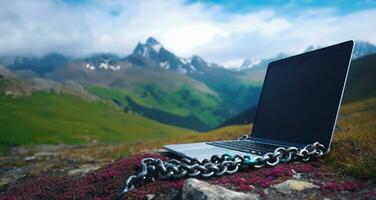 Bank icon. Chained laptop on mountain background. AI Generative. photo