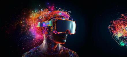 Metaverse, future digital technology for entertainment and games, VR virtual reality glasses, free space for text. Generative AI. photo