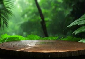 Product podium with monsoon rain forest with wooden disc background photo