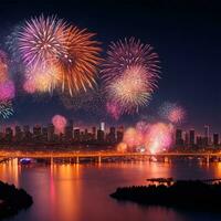 firework colorful on night city view background for celebration festival photo