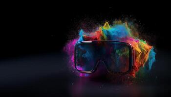 Metaverse, future digital technology for entertainment and games, VR virtual reality glasses, free space for text. Generative AI. photo