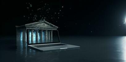 Bank icon. Chained laptop on mountain background. AI Generative. photo