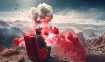 Happy young man using headset to play virtual reality game on sofa, game, future technology concept. . photo