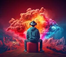Happy young man using headset to play virtual reality game on sofa, game, future technology concept. . photo