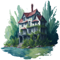 Ai Generated, Watercolor House, Watercolor home, Nature House png