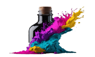 Pulver, Tinte Pulver im ein Flasche, schön Leistung, hell Tinte Pulver Pigment Explosion Hintergrund Element, ai generiert png