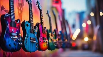 Fantasy electric guitar, Creative explosion on beautiful background. AI Generative. photo