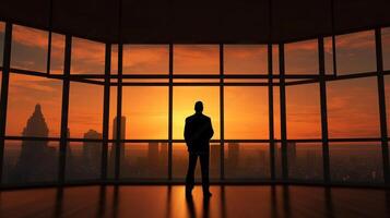 Business man standing in the office looking out of the window at sunset sky. AI Generative. photo