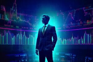 stock market forex chart multicolored blue tones computer and trading network businessman space puppet market. . photo