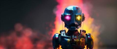 Brain robot stands animated with thick multicolored smoke, full body, high quality face painting, with space for text. photo
