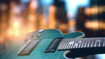 Fantasy electric guitar, Creative explosion on beautiful background. AI Generative. photo