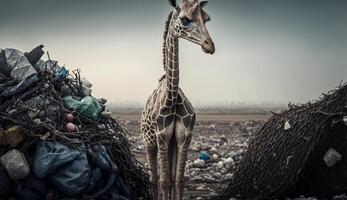 A giraffe in stands near a pile of plastic. Generative AI. photo