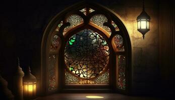 islámico mezquita interior diseño, palacio interior con dorado decoración, ai generativo foto
