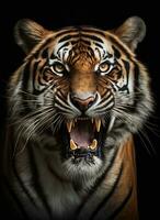 free tiger or lion portrait dark background. Ai Generated photo