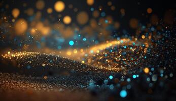 Gold Glitter Defocused Abstract Twinkly Lights Background Gold Sparkles Bokeh Cloud of Particles photo