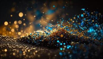 Gold Glitter Defocused Abstract Twinkly Lights Background Gold Sparkles Bokeh Cloud of Particles photo