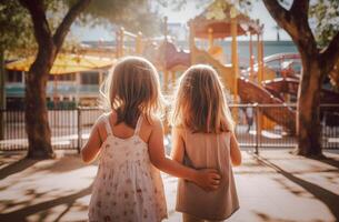 pequeño dos hermana jugando en patio de juegos. generativo ai foto