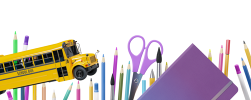Colorful school stationery, supplies on transparent background. PNG. Bottom border. Applicable for posters, announcements, advertising. Education, daycare, preschool. Back to school shopping, sale. 3D png
