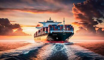 Container big ship on ocean and big wave, Business logistic import - export transport in sunset, . photo