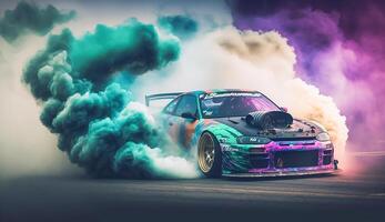 Car drifting, burning tires on speed track, photo