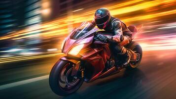 EBR racing motorcycle with abstract long exposure dynamic speed light trails in an urban environment city, photo