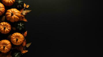 Pumpkin and leaves on a black background. Halloween concept. Copy space. Generative AI photo