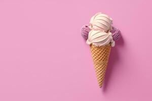 Ice cream cone on a pink background. Copy space. Generative AI photo