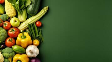 Tomatoes, corn, broccoli, onions, garlic and peppers on a green background. The concept of vegetarianism. Generative AI photo