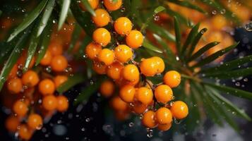 Close-up of a brush of sea buckthorn with splashes.  Berry background. Generative AI photo