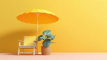 Yellow chair and beach umbrella on a yellow background. Summer concept. Copy space. Generative AI photo