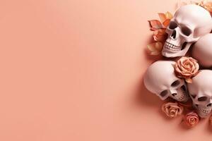 calaveras y rosas en un rosado antecedentes. Víspera de Todos los Santos concepto. Copiar espacio. generativo ai foto